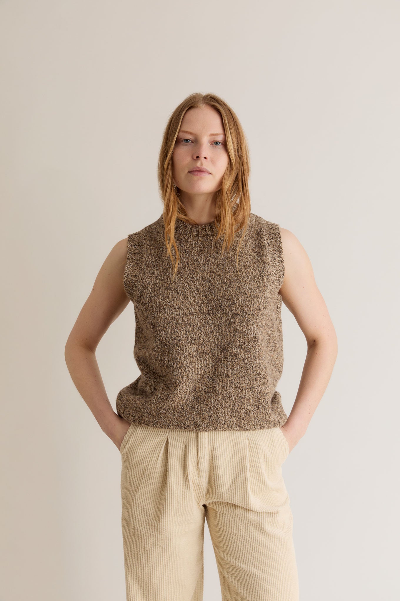 Women's organic Biscuit coloured wool chunky knit vest. Organic and natural fibre, sustainable womens top's by KOMODO.