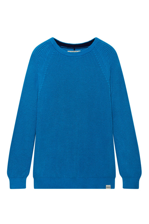 Mens French Blue organic cotton jumper. Crew neck, chunky waffle knit , vegan.