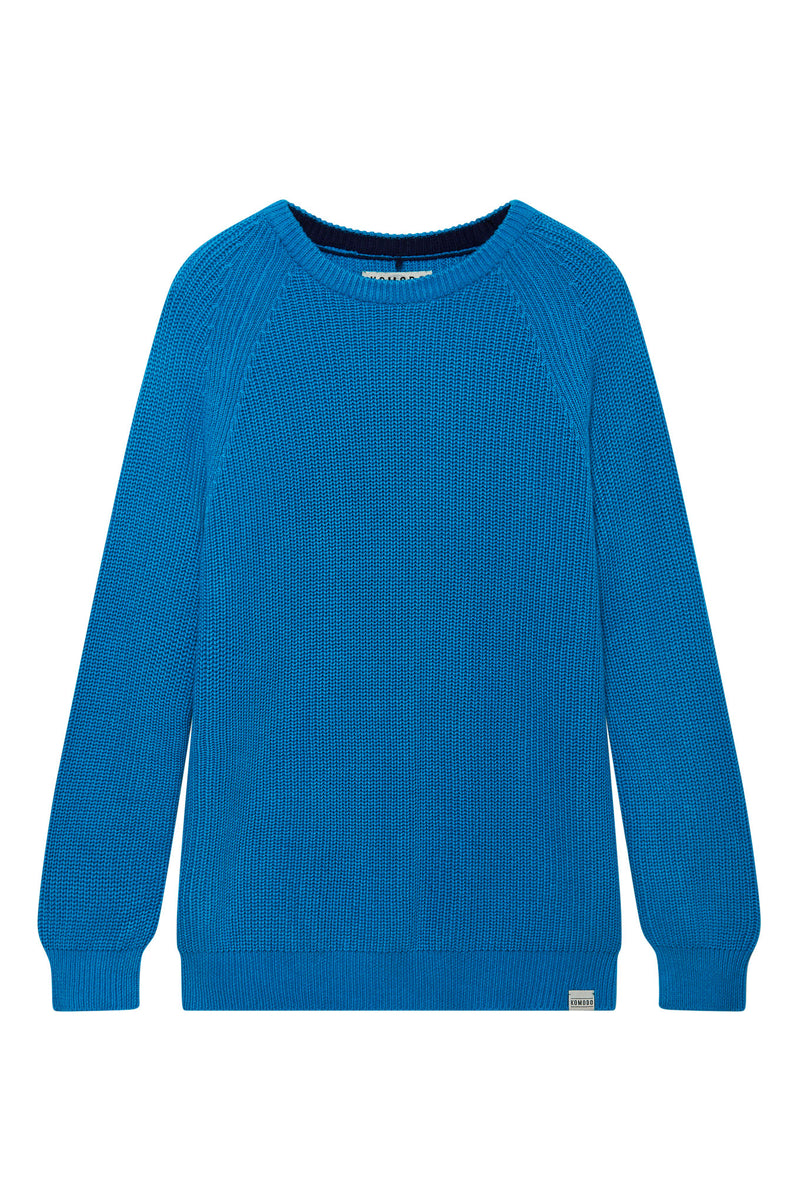 Mens French Blue organic cotton jumper. Crew neck, chunky waffle knit , vegan.