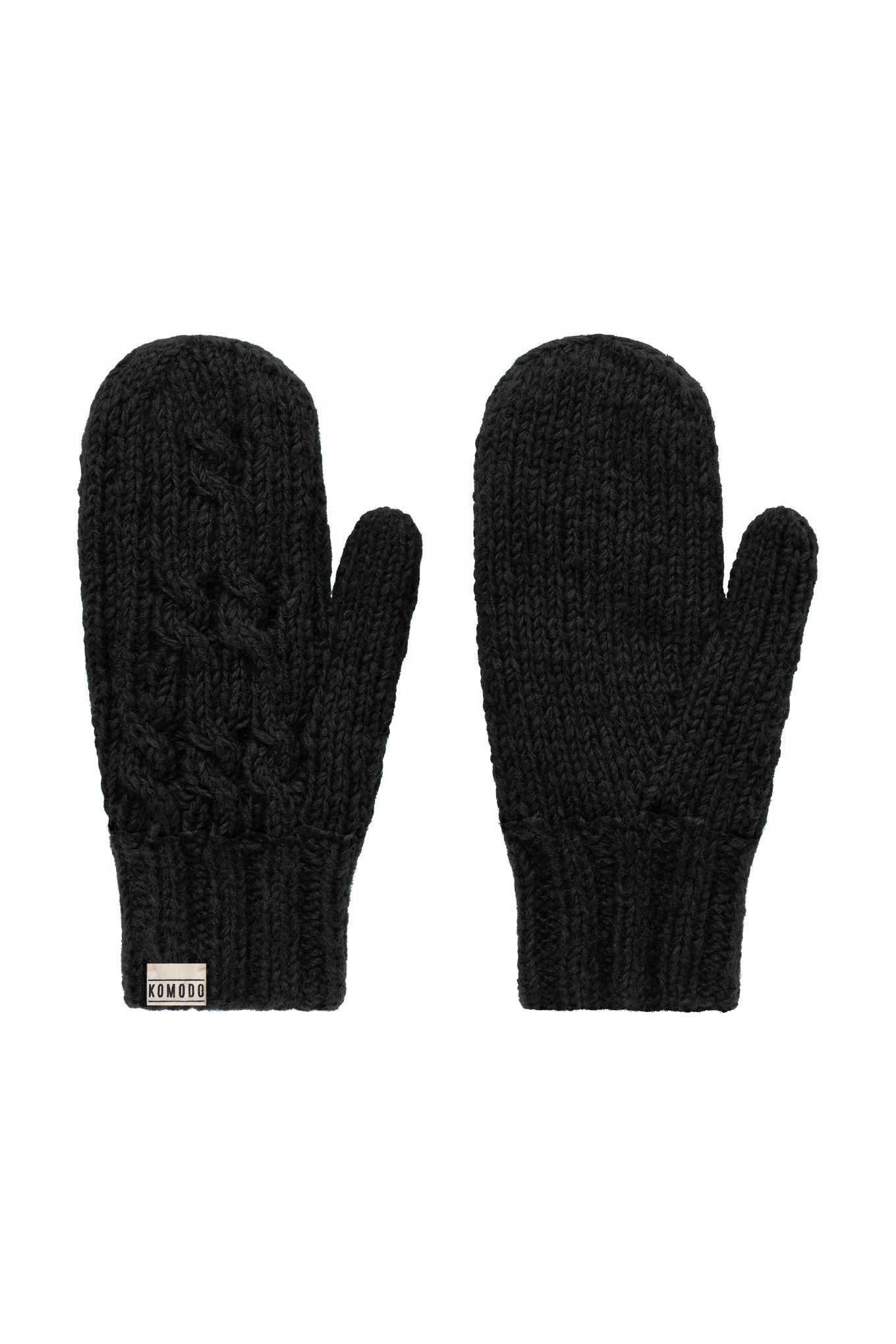 Black coloured Woolen mittens with Komodo logo. Hand made , sustainable,unisex gift