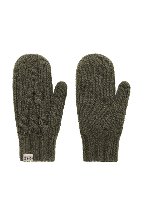 Khaki coloured Woolen mittens with Komodo logo. Hand made , sustainable,unisex gift