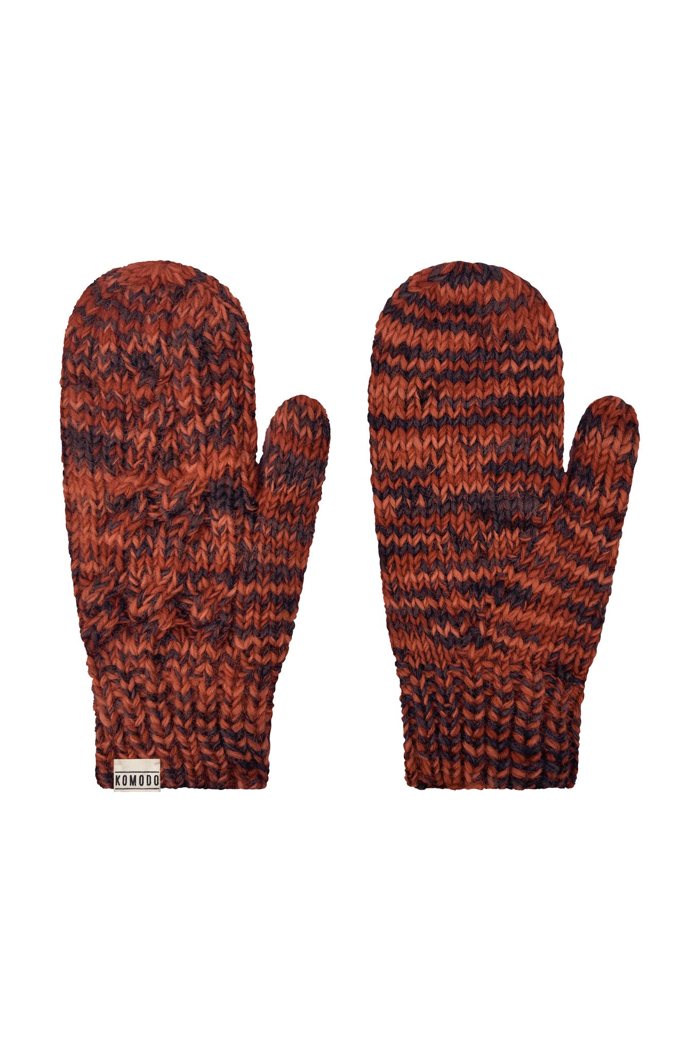 Terracotta space dye coloured Woolen mittens with Komodo logo. Hand made , sustainable,unisex gift