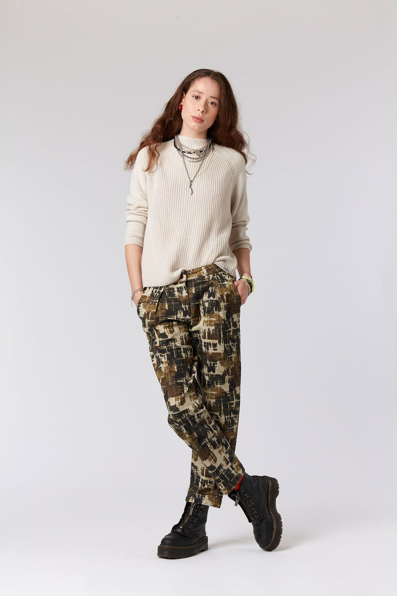 Trousers - BOWIE - Organic Cotton Trousers Faded Ikat Print Moss