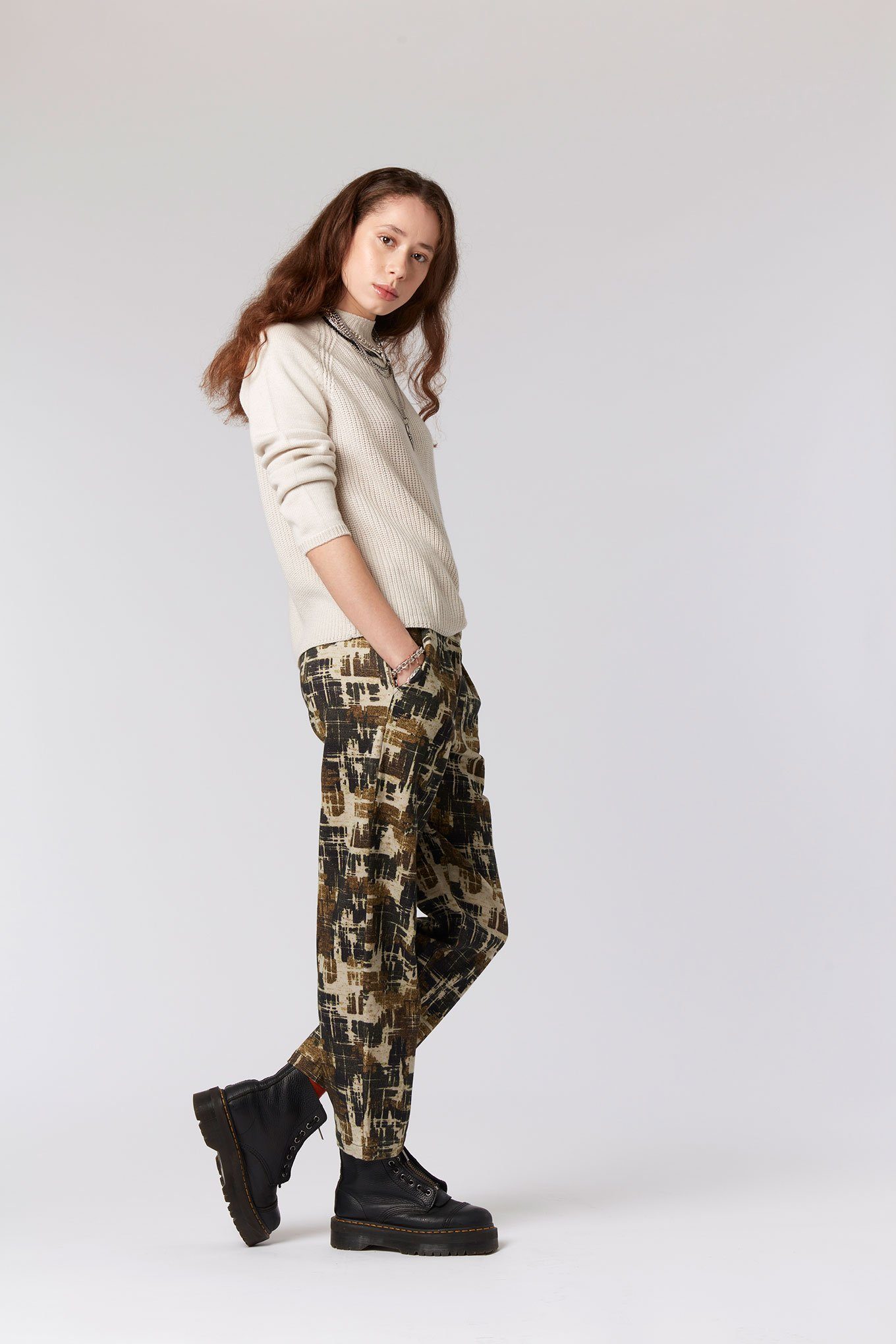 Trousers - BOWIE - Organic Cotton Trousers Faded Ikat Print Moss